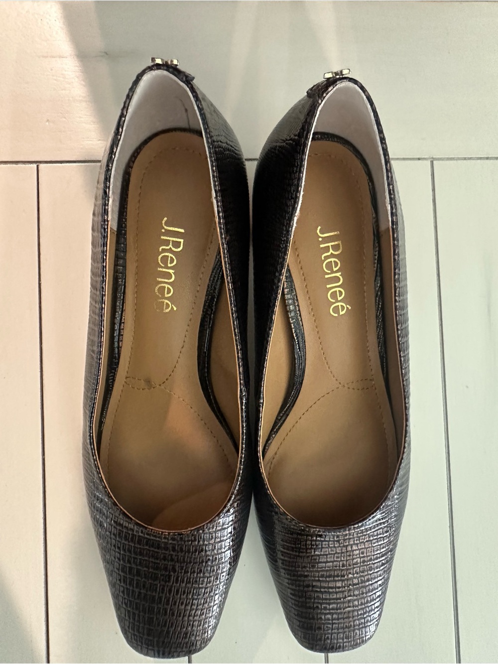 J.Renee Black Croc-Embossed Square-Toe Flats